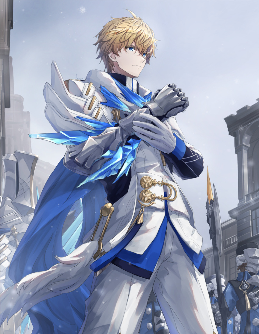 4boys ahoge armor artist_name axe battle_axe black_shirt blonde_hair blue_cape blue_eyes blue_ribbon building buttons cape clenched_hand closed_mouth cowboy_shot crossed_bangs day frown fuyuni0307 gauntlets gepard_landau gloves hair_between_eyes hands_up helmet highres holding holding_weapon honkai:_star_rail honkai_(series) jacket long_sleeves looking_ahead male_focus mask multiple_boys outdoors pants pauldrons ribbon serious shirt short_hair shoulder_armor silvermane_guard_(honkai:_star_rail) single_gauntlet single_pauldron snowing solo_focus standing tassel v-shaped_eyebrows weapon white_gloves white_jacket white_pants