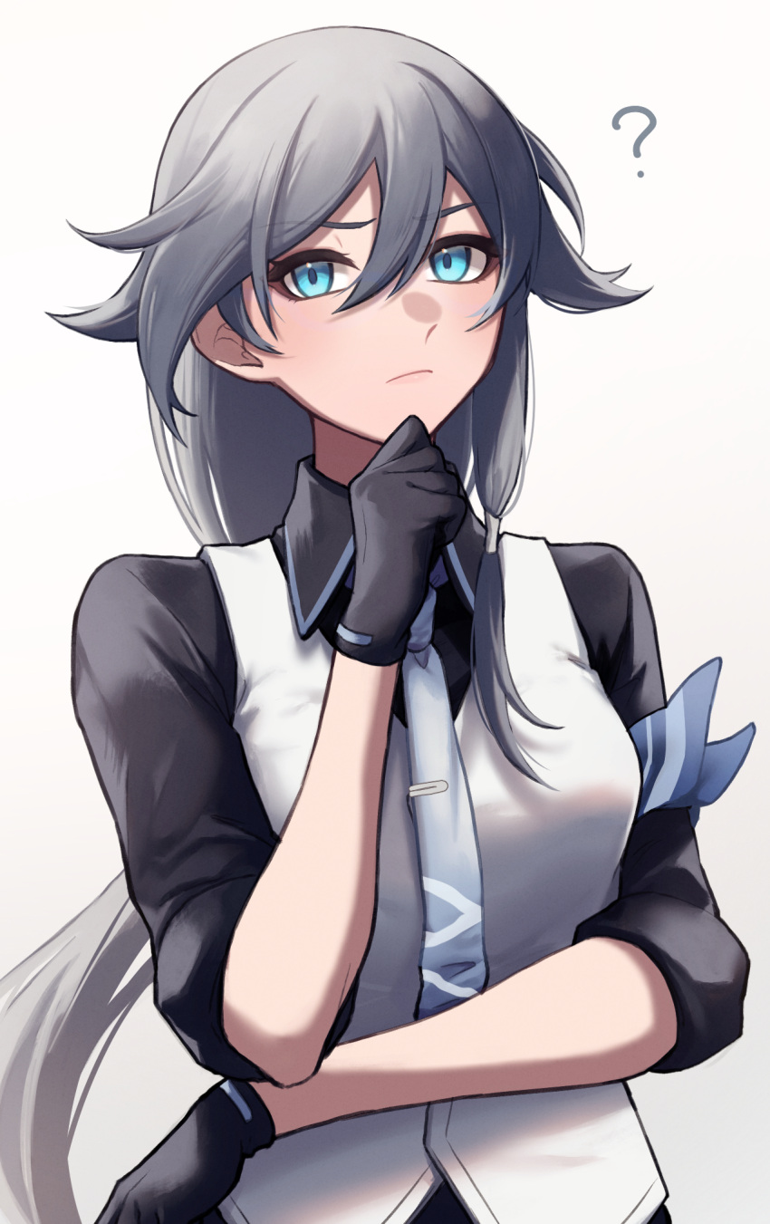 1girl ? armband black_gloves black_sleeves blue_armband blue_necktie closed_mouth fu_hua fu_hua_(night_squire) gloves grey_hair hair_between_eyes hand_on_own_chin highres honkai_(series) honkai_impact_3rd long_hair low_ponytail necktie simple_background solo upper_body white_background yunomi_(yunomi_hs)