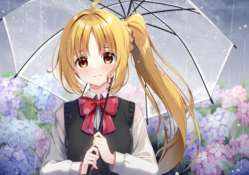 1girl absurdres ahoge black_vest blonde_hair blush bocchi_the_rock! bow bowtie closed_mouth collared_shirt crying crying_with_eyes_open flower highres holding holding_umbrella hydrangea ijichi_nijika long_hair long_sleeves looking_at_viewer mikan_(user_negv3532) pink_flower polka_dot polka_dot_bow purple_flower rain red_bow red_bowtie red_eyes shirt side_ponytail solo tears umbrella upper_body vest white_shirt