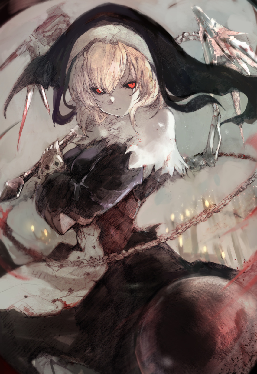 1girl black_dress black_sclera blonde_hair blood blood_on_clothes blood_on_weapon candelabra candlestand chain_whip colored_sclera cowboy_shot dress dysy4343 ender_lilies_quietus_of_the_knights flail gloves guardian_siegrid habit highres holding holding_whip looking_at_viewer nun red_eyes skeletal_wings sketch smile solo standing torn_clothes weapon wings