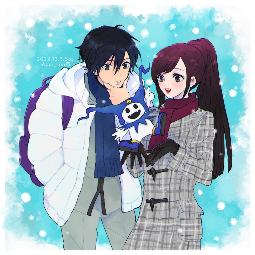 1girl backpack bag black_gloves black_hair blue_scarf bomber_jacket brown_eyes character_doll checkered_clothes coat dated duffel_coat earrings gekkoukan_high_school_uniform gloves grey_jacket hair_between_eyes hand_in_pocket hand_on_own_chin hat highres holding holding_stuffed_toy jack_frost jacket jewelry kirishima_eriko long_hair looking_at_object open_mouth oui_zen persona persona_1 ponytail red_scarf scarf school_uniform simple_background smile snowing st._hermelin_school_uniform stroking_own_chin stuffed_toy toudou_naoya twitter_username white_jacket winter_clothes