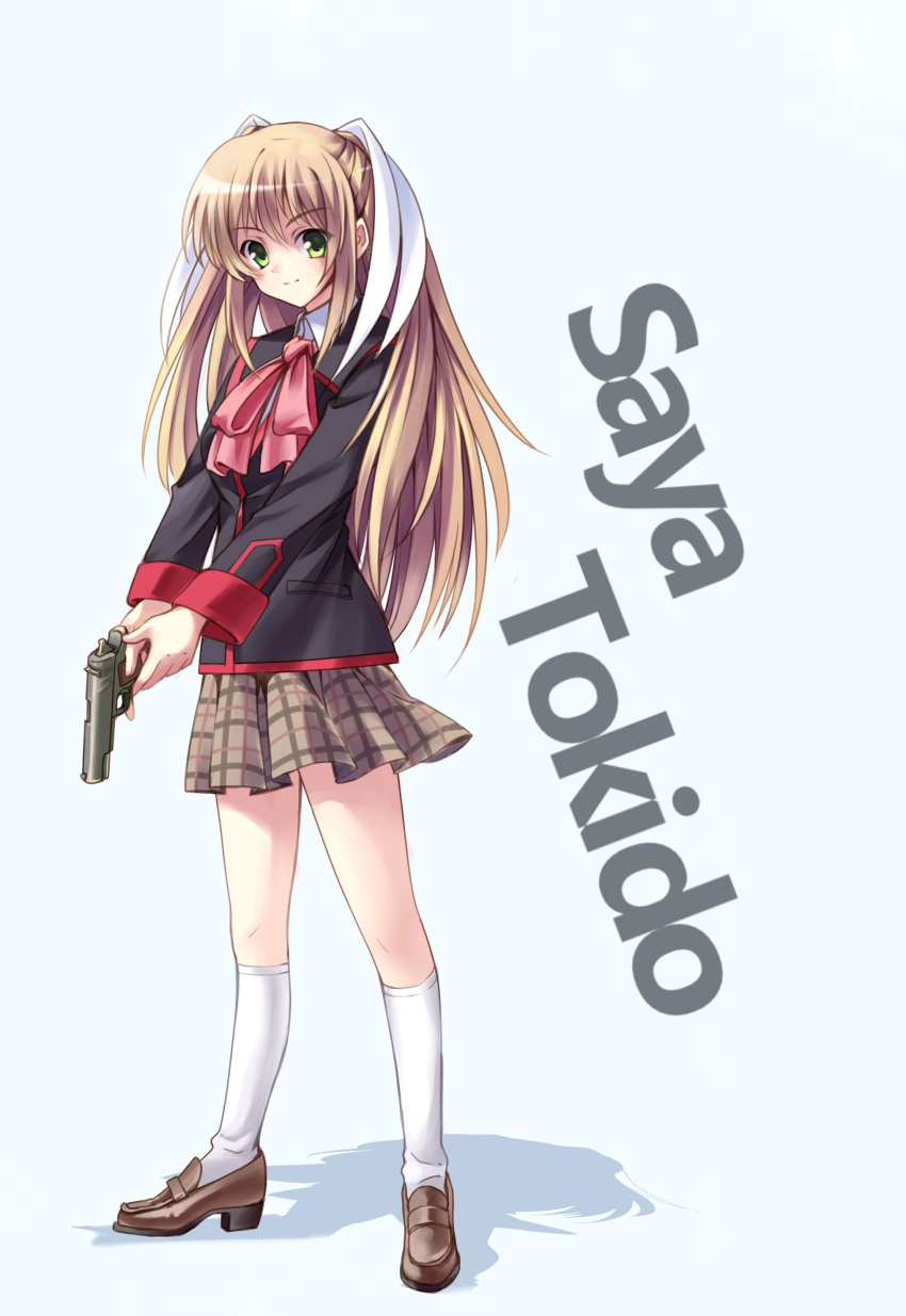 1girl absurdres black_jacket blonde_hair blush bow brown_footwear character_name closed_mouth commentary full_body green_eyes grey_background gun hair_between_eyes hair_ribbon handgun highres holding holding_gun holding_weapon jacket kneehighs little_busters! little_busters!_school_uniform loafers long_hair long_sleeves longmei_er_de_tuzi looking_at_viewer miniskirt own_hands_together pink_bow plaid plaid_skirt pleated_skirt ribbon school_uniform shoes sidelocks simple_background skirt smile socks solo standing straight_hair tokido_saya v-shaped_eyebrows very_long_hair weapon white_ribbon white_socks
