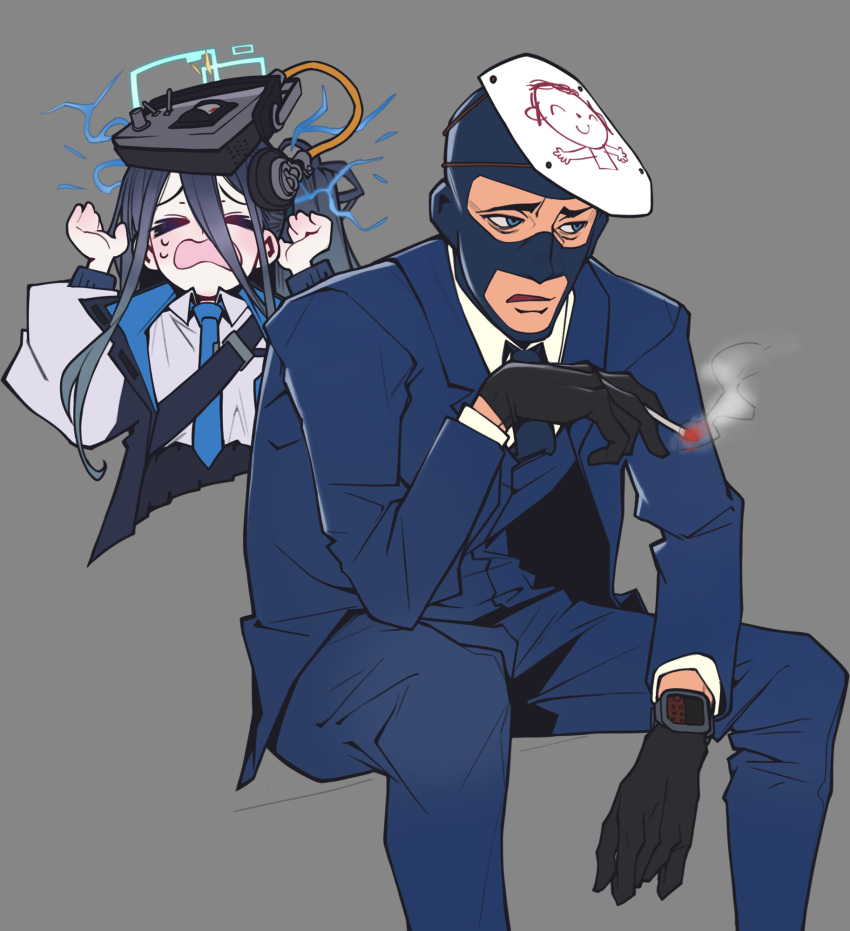 aris_(blue_archive) arona's_sensei_doodle_(blue_archive) balaclava black_gloves black_hair blue_archive cigarette gloves grey_background hair_between_eyes halo highres long_hair mask necktie school_uniform sensei_(blue_archive) simple_background spy_(tf2) suit team_fortress_2 waa153 watch