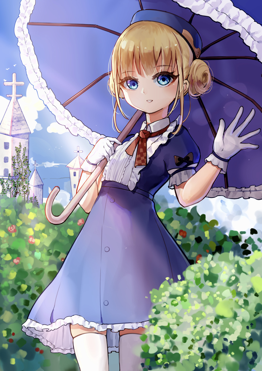 1girl absurdres alternate_costume azur_lane blonde_hair blue_eyes blue_headwear blue_sky bush center_frills chinese_commentary church clouds collared_dress commentary_request cross day dhy-232 double_bun dress frilled_dress frilled_sleeves frills gloves grin hair_bun hat highres le_triomphant_(azur_lane) looking_at_viewer neck_ribbon outdoors parasol red_ribbon ribbon short_hair short_sleeves sky smile solo standing sunlight thigh-highs umbrella white_gloves white_thighhighs