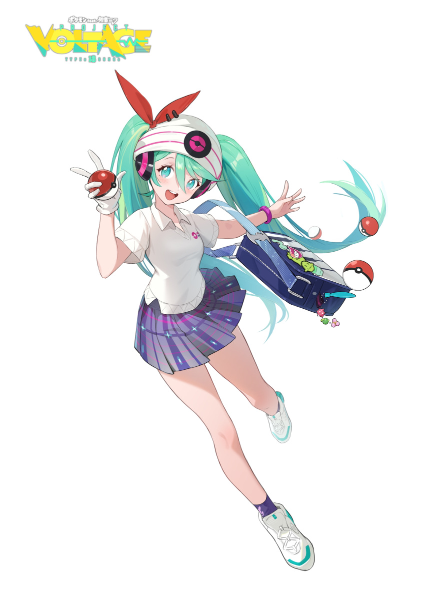 1girl alche_(benruce) aqua_eyes bag beanie black_socks collared_shirt gloves hat hatsune_miku headphones highres long_hair looking_at_viewer open_mouth pleated_skirt poke_ball pokemon project_voltage psychic_miku_(project_voltage) shirt shoulder_bag single_glove skirt smile socks twintails very_long_hair vocaloid white_background white_footwear white_gloves white_headwear white_shirt
