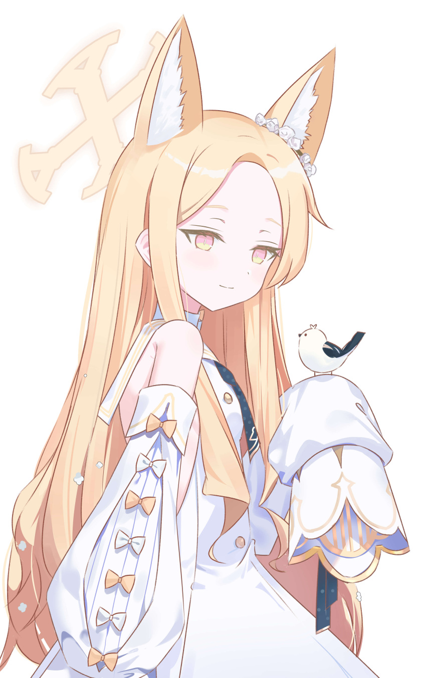 1girl absurdres animal animal_ear_fluff animal_ears bare_shoulders bird blonde_hair blue_archive closed_mouth detached_sleeves dress fox_ears halo highres long_hair seia_(blue_archive) simple_background solo very_long_hair wasi white_background white_dress wide_sleeves yellow_eyes yellow_halo
