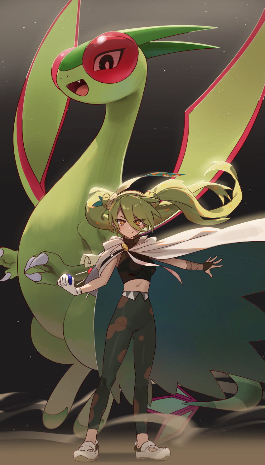1girl absurdres bandaged_arm bandages brown_cape cape crocs crop_top double_bun dragon fangs flygon gloves great_ball green_hair green_wings ground_miku_(project_voltage) hair_bun hatsune_miku highres long_hair looking_at_viewer midriff orange_eyes pants poke_ball pokemon pokemon_(creature) project_voltage sand shedar single_glove smile vocaloid white_footwear wings