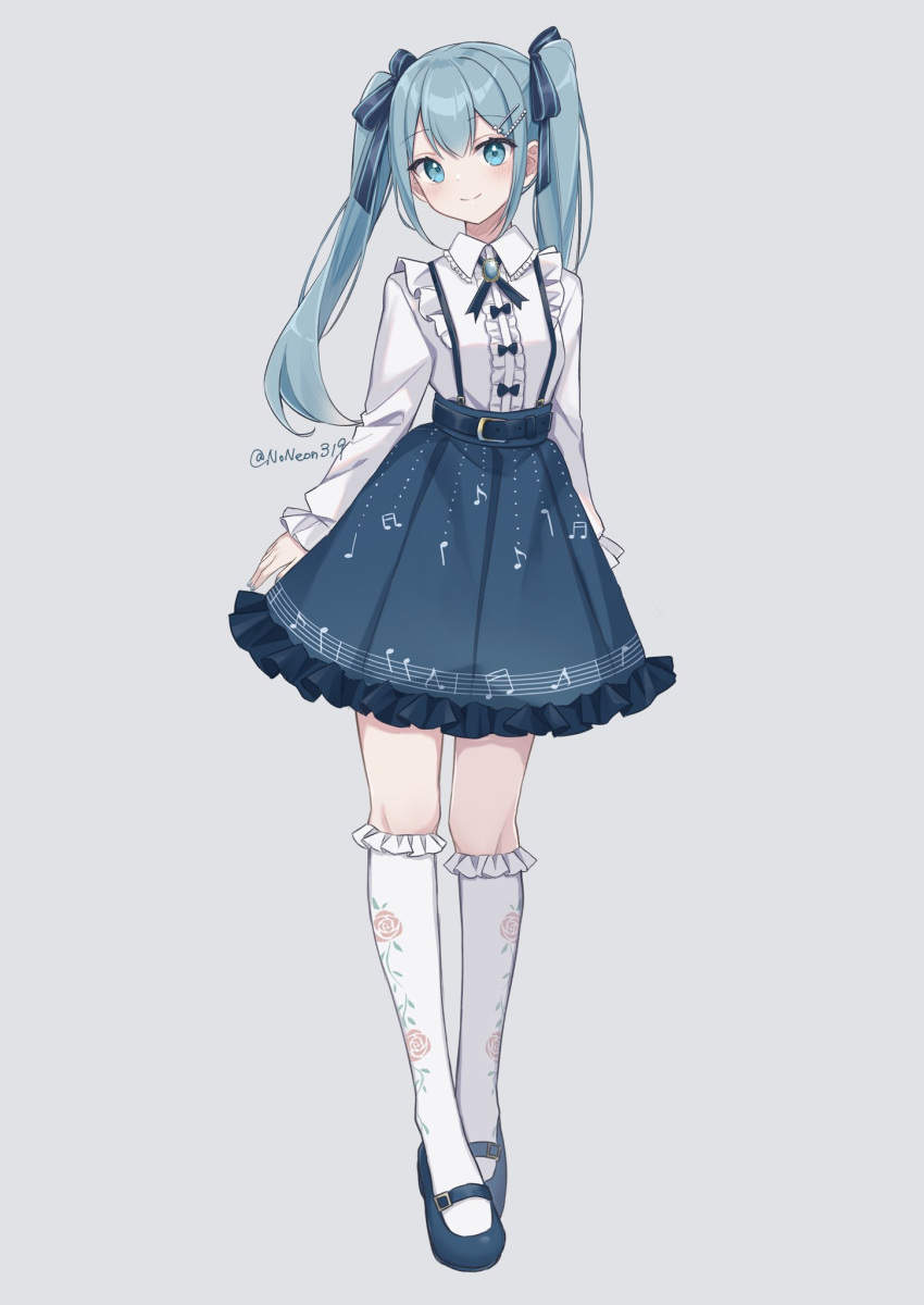 1girl artist_name blue_bow blue_eyes blue_hair blue_skirt bow floral_print grey_background hair_ornament hatsune_miku highres long_sleeves looking_at_viewer musical_note musical_note_print noneon319 shirt skirt smile socks solo twintails vocaloid white_shirt white_socks