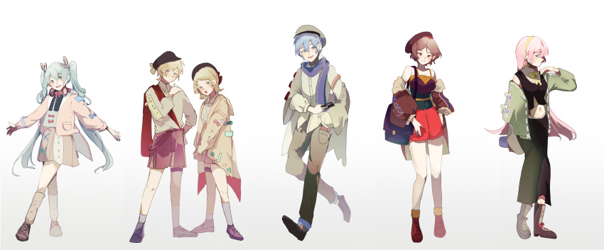 2boys 4girls blonde_hair blue_eyes blue_hair blue_scarf brown_eyes brown_hair detached_sleeves green_eyes green_hair hairband hat hatsune_miku headphones headphones_around_neck highres jewelry kagamine_len kagamine_rin kaito_(vocaloid) long_hair looking_at_viewer megurine_luka meiko_(vocaloid) multiple_boys multiple_girls open_mouth pants pink_hair ribbon scarf shirt short_hair shorts sketch skirt smile standing twintails very_long_hair vocaloid white_background xuanchye246