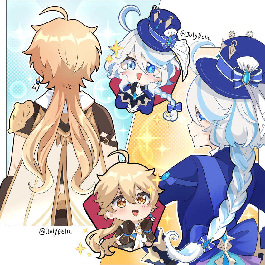 1boy 1girl aether_(genshin_impact) ahoge alternate_hairstyle arm_armor armor artist_name asymmetrical_gloves back back_bow black_gloves black_shirt blonde_hair blue_background blue_bow blue_eyes blue_gemstone blue_hair blue_headwear blue_jacket blush border bow braid brown_pants brown_shirt clenched_hands collared_vest drop-shaped_pupils earrings from_behind furina_(genshin_impact) gem genshin_impact gloves gradient_hair hair_between_eyes hair_bow hands_on_own_hips hands_up hat hat_bow hat_ornament heterochromia highres jacket jewelry julydelic long_hair long_sleeves looking_at_another looking_at_viewer looking_back low_twintails mismatched_pupils multicolored_hair open_clothes open_jacket open_mouth orange_background outside_border own_hands_together pants scarf shirt short_sleeves shoulder_armor single_earring smile sparkle sparkle_background standing star_(symbol) striped striped_bow symbol-shaped_pupils tongue top_hat twintails two-tone_hair v-shaped_eyebrows vest white_border white_gloves white_hair white_scarf white_vest yellow_eyes