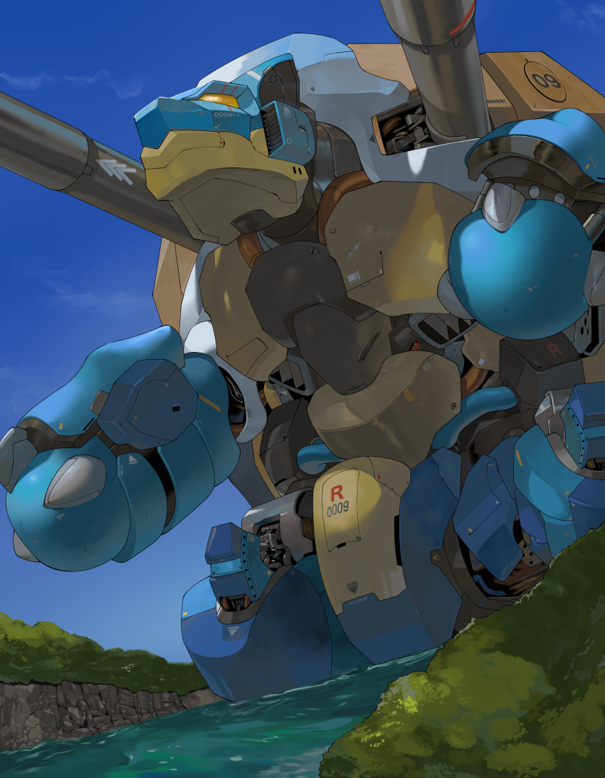 absurdres blastoise blue_sky bush commentary day highres joints looking_ahead mecha mechanization no_humans non-humanoid_robot outdoors pokedex_number pokemon pokemon_(creature) river robot robot_animal robot_joints science_fiction shoulder_cannon sky standing water yellow_eyes yunimaru