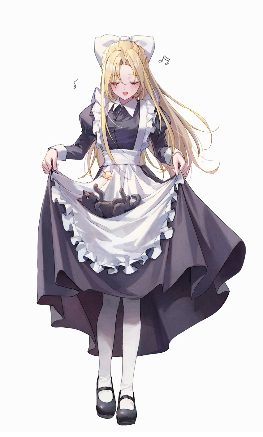 1girl absurdres apron beamed_sixteenth_notes black_cat black_footwear blonde_hair bow bug butterfly cat closed_eyes clothes_lift commentary dress dress_lift eighth_note full_body hair_bow hair_intakes highres lifted_by_self long_hair maid maid_apron mary_janes music musical_note nyamunyamu original pantyhose shoes simple_background singing solo standing white_background white_bow white_pantyhose