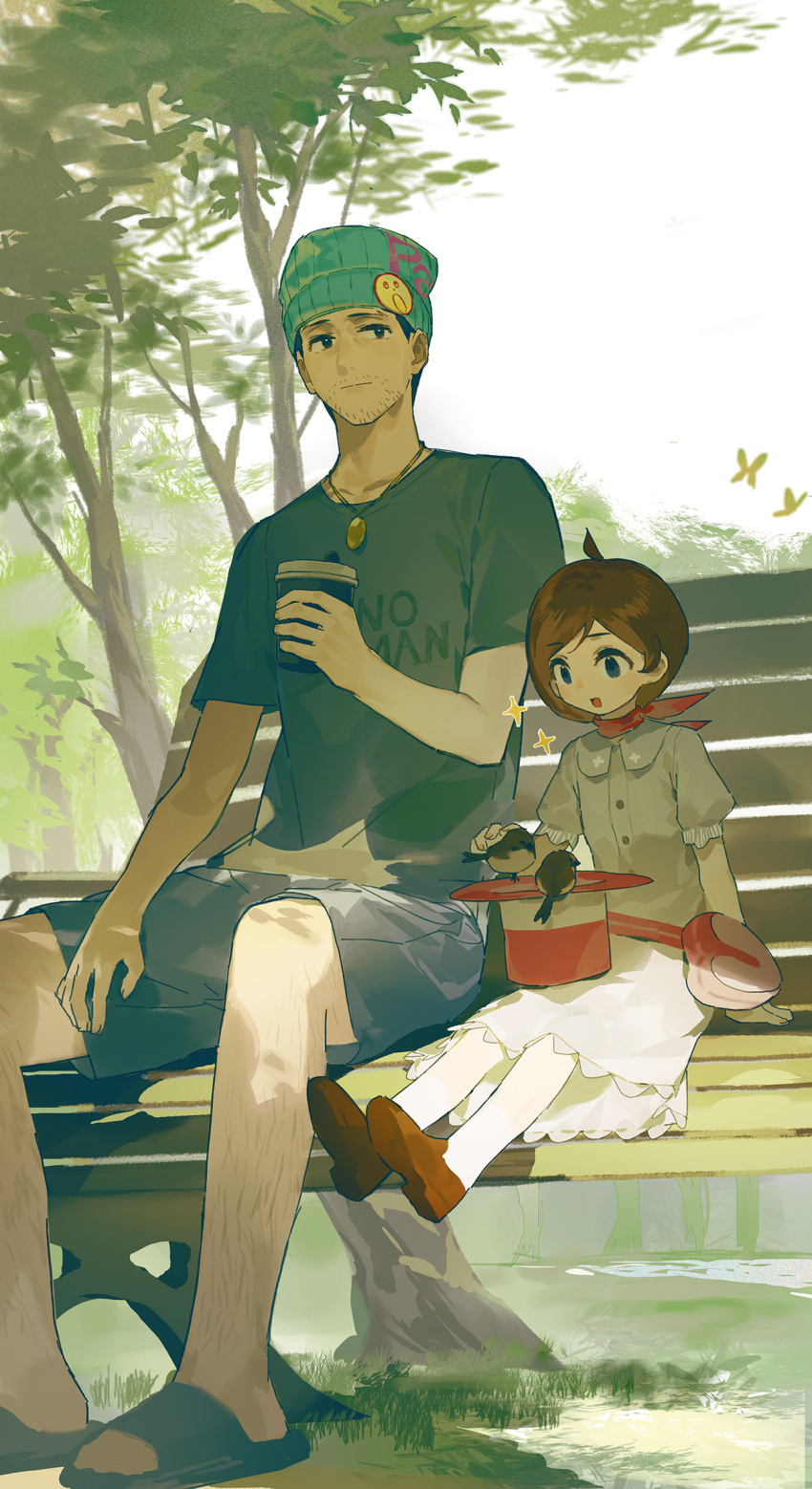 1boy 1girl ace_attorney ahoge animal beanie beard_stubble belt_pouch bench bird black_eyes black_hair blue_eyes blue_headwear brown_footwear brown_hair bug butterfly buttons child collared_dress cup dress father_and_daughter grey_shirt grey_shorts hand_on_own_leg hat hat_removed headwear_removed highres holding holding_cup jewelry leg_hair loafers medium_dress necklace neee-t outdoors pantyhose pendant phoenix_wright pouch print_shirt puffy_short_sleeves puffy_sleeves red_headwear red_scarf sandals scarf shirt shoes short_hair short_sleeves shorts sitting swept_bangs t-shirt text_print top_hat tree trucy_wright white_dress white_pantyhose