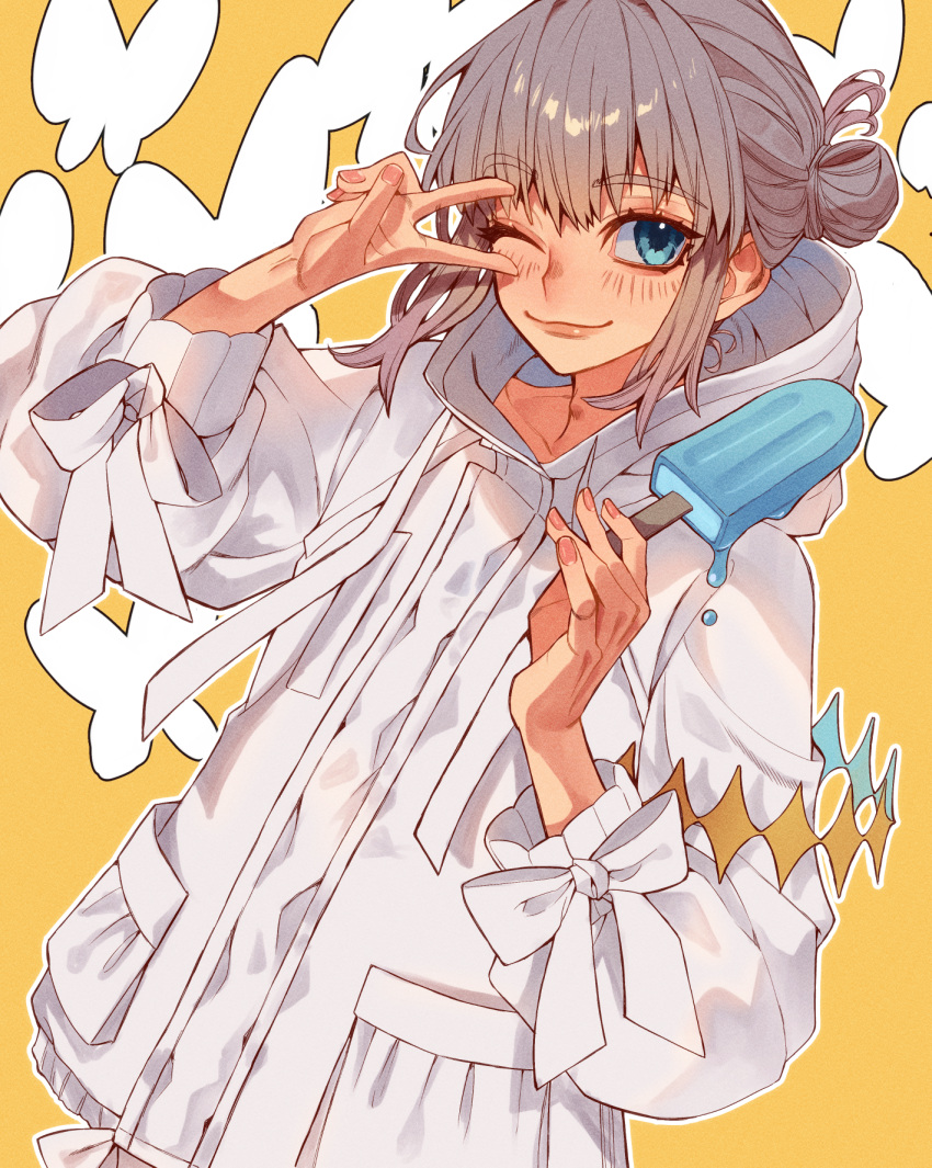 1boy blue_eyes coat drawstring fate/grand_order fate_(series) fingernails food grey_hair highres holding holding_food holding_popsicle hooded_coat kujiraoka long_sleeves male_focus oberon_(fate) official_alternate_costume one_eye_closed popsicle smile solo v white_coat yellow_eyes