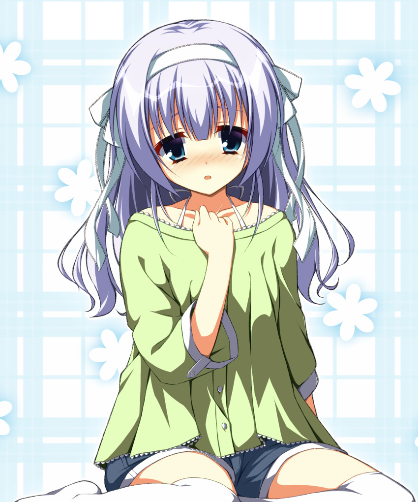 1girl amairo_islenauts arm_at_side asagi_nanami blue_eyes blue_hair blue_shorts blush casual clenched_hand collarbone commentary eyebrows_hidden_by_hair eyelashes feet_out_of_frame frilled_ribbon frilled_shirt frills frown furrowed_brow green_shirt hair_between_eyes hair_ribbon hand_up highres light_blue_background light_blue_hair long_hair long_sleeves looking_at_viewer no_shoes nose_blush open_mouth ribbon shiraga_airi shirt shorts shy sidelocks simple_background sitting solo thigh-highs wariza wavy_hair white_ribbon white_thighhighs