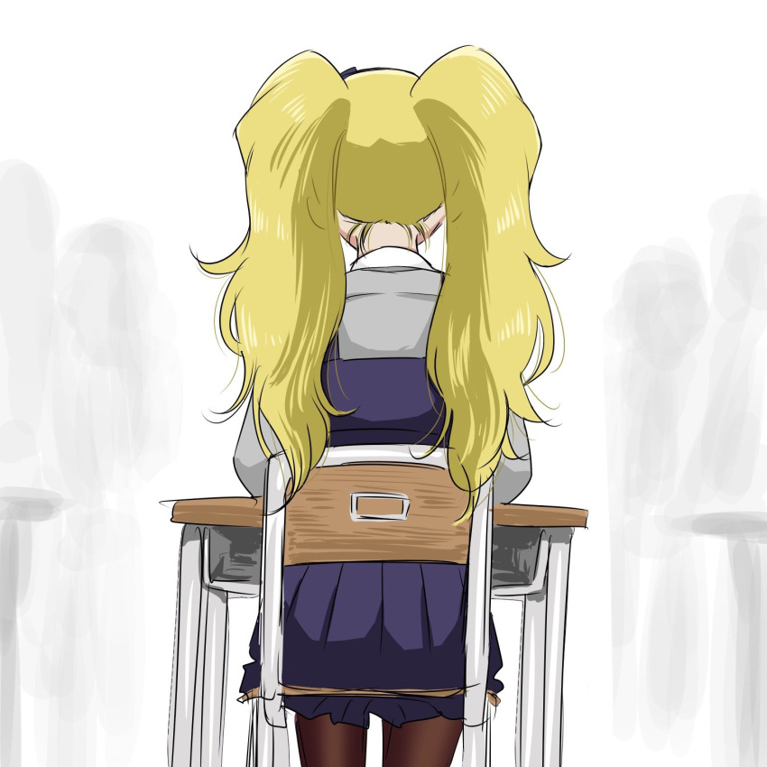 1girl black_pantyhose blonde_hair blue_dress chair commentary_request desk dress emily_stewart extra from_behind grey_shirt highres idolmaster idolmaster_million_live! long_hair long_sleeves matcha_kingyo on_chair pantyhose pleated_skirt school_chair school_desk shirt sitting skirt twintails white_background