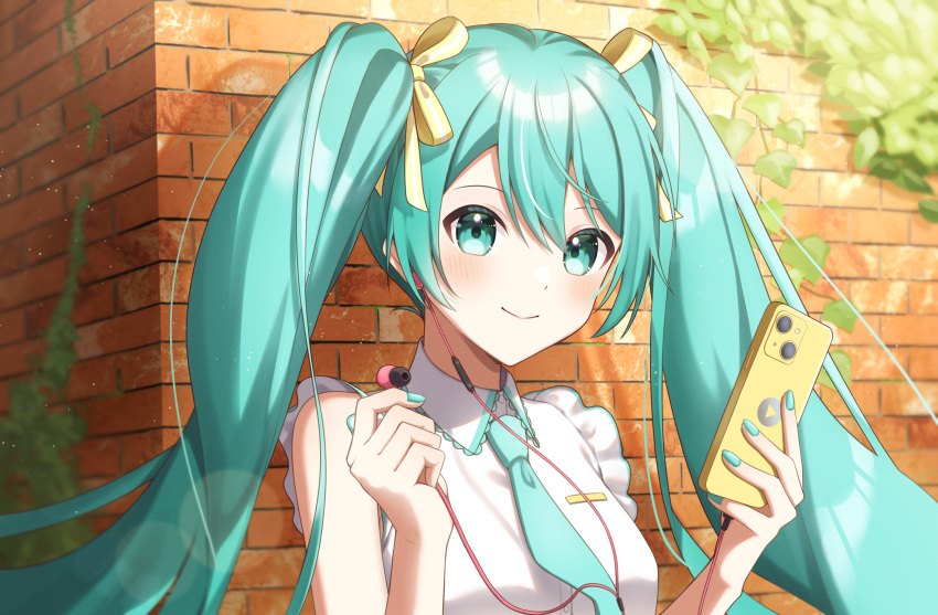 1girl blue_eyes blue_hair blush brick_wall cellphone collared_shirt commentary_request earphones earphones hair_ribbon hatsune_miku highres holding holding_phone long_hair looking_at_viewer necktie outdoors phone ribbon shirt smartphone smile solo teneko02 twintails upper_body vocaloid
