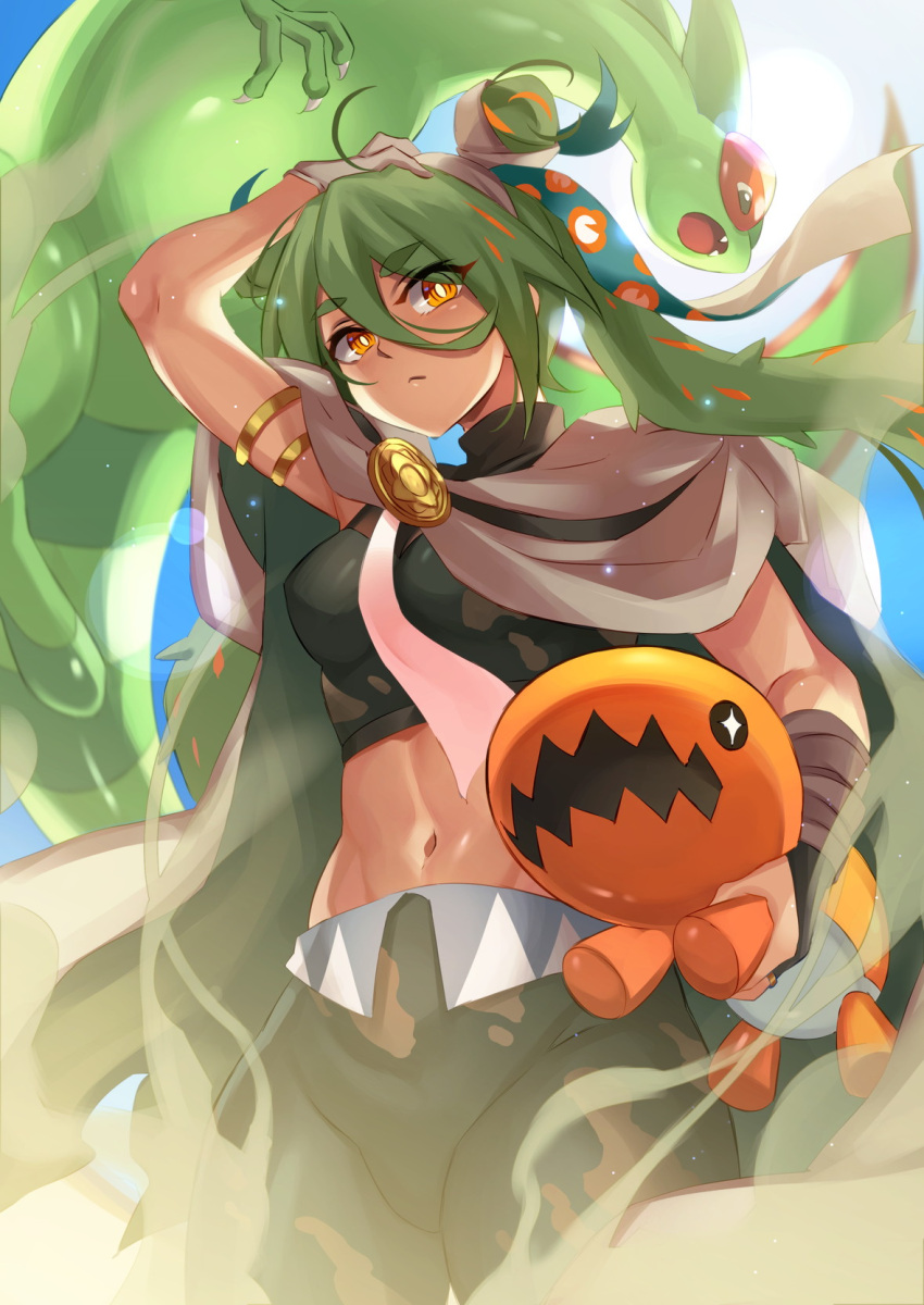 1girl arm_up black_pants brown_cape cape dragon fangs flygon green_hair ground_miku_(project_voltage) hatsune_miku highres inue_ao long_hair looking_down midriff navel orange_eyes pants pokemon pokemon_(creature) project_voltage trapinch very_long_hair vocaloid