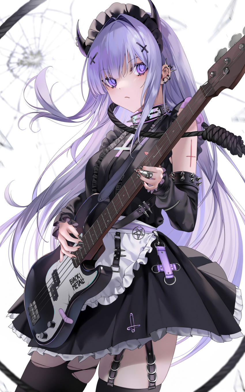 1girl apron black_dress black_nails black_thighhighs broken_glass cross dress ear_piercing electric_guitar expressionless glass gothic_lolita guitar highres instrument lolita_fashion looking_at_viewer maid ompf original pentagram piercing purple_hair solo thigh-highs thighs torn_clothes torn_thighhighs unconventional_maid violet_eyes white_apron white_background