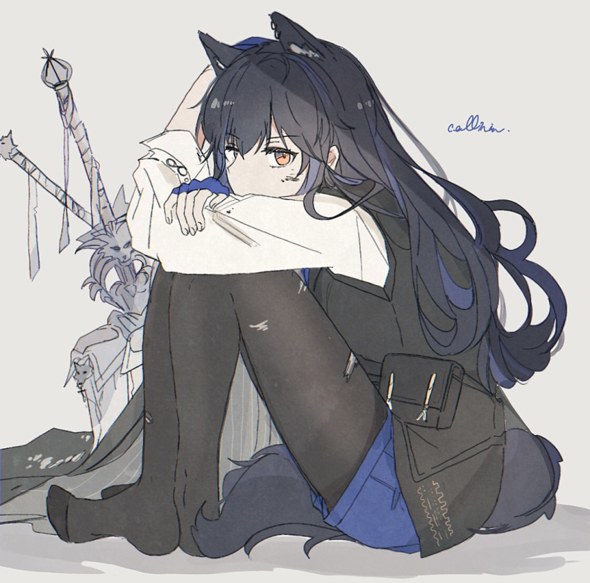1girl animal_ears arknights arms_up black_hair black_pantyhose black_vest blue_gloves blue_hair blue_shorts commentary dirty dirty_face fingerless_gloves from_side full_body gloves grey_background hugging_own_legs long_hair looking_at_viewer multicolored_hair no_shoes orange_eyes pantyhose planted planted_sword pouch seri_(vyrlw) shadow shorts signature simple_background solo streaked_hair sword tail texas_(arknights) texas_the_omertosa_(arknights) torn_clothes torn_pantyhose vest weapon wolf_ears wolf_girl wolf_tail