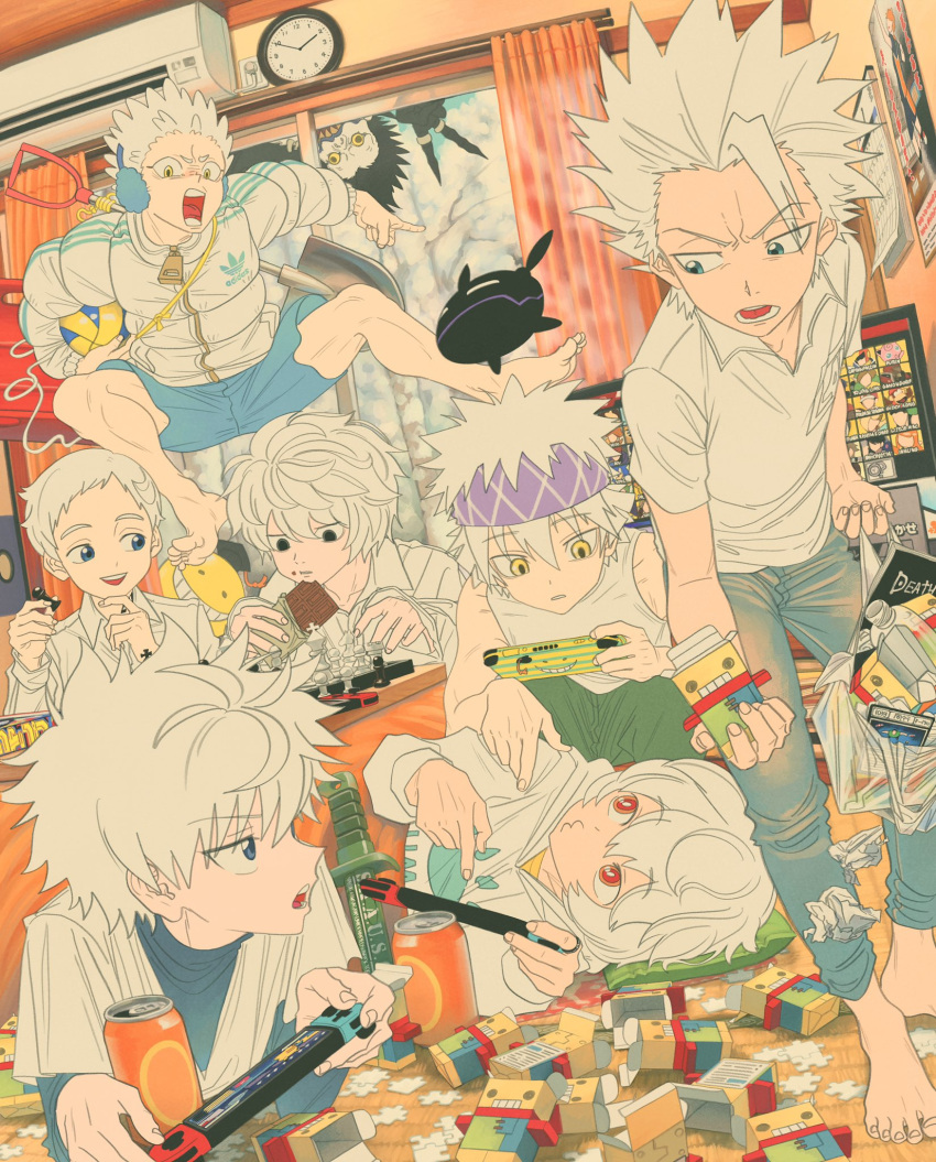 annoyed bag black_eyes blue_eyes blue_shirt blue_shorts character_request chess_piece child chocolate clock collared_shirt copyright_request crossover curtains death_note forehead frown headband highres holding holding_bag hunter_x_hunter indoors jacket jumping killua_zoldyck king_(chess) knight_(chess) kuga_yuuma long_sleeves looking_at_another lying midair nintendo_switch norman_(yakusoku_no_neverland) notebook on_side open_mouth pants pawn_(chess) picking_up plastic_bag puzzle_piece red_eyes rook_(chess) ryuk shirt short_hair short_sleeves shorts shovel sitting sleeveless smile spiky_hair super_smash_bros. teeth trash upper_teeth_only urachan1629 walking white_hair white_shirt world_trigger yellow_eyes