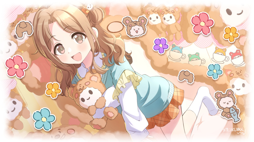 1girl artist_name balloon blue_flower blush breasts brown_eyes brown_hair coffee_cup cup disposable_cup dot_nose fish flower frilled_shirt frills green_sweater_vest hair_bun hand_up highres holding holding_stuffed_toy ichikawa_hinana idolmaster idolmaster_shiny_colors kneeling large_breasts long_hair long_sleeves looking_at_viewer miniskirt ocha_koboshi_shokunin on_chair open_mouth orange_flower orange_skirt parted_bangs pink_flower plaid plaid_skirt plate pleated_skirt purple_flower shirt single_hair_bun single_side_bun skirt smile socks solo stuffed_animal stuffed_toy sweater_vest teddy_bear white_shirt white_socks