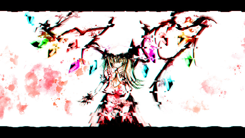 1girl abstract araya_shiki ascot blonde_hair chromatic_aberration cowboy_shot crystal distortion flandre_scarlet hat highres letterboxed long_hair mob_cap multicolored_wings one_side_up red_skirt red_vest shirt simple_background skirt solo touhou vest white_background white_headwear white_shirt wings wrist_cuffs yellow_ascot