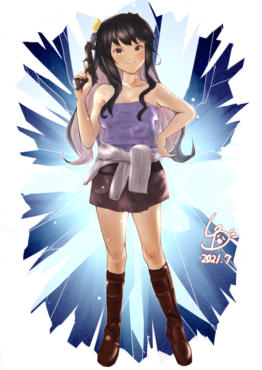 bare_shoulders black_hair boots clothes_around_waist collarbone cosplay gun highres holding holding_gun holding_weapon jill_valentine jill_valentine_(cosplay) kantai_collection ld_(luna_dial398) long_hair miniskirt multicolored_hair naganami_(kancolle) pink_hair shirt skirt strapless strapless_shirt sweater sweater_around_waist two-tone_hair weapon yellow_eyes