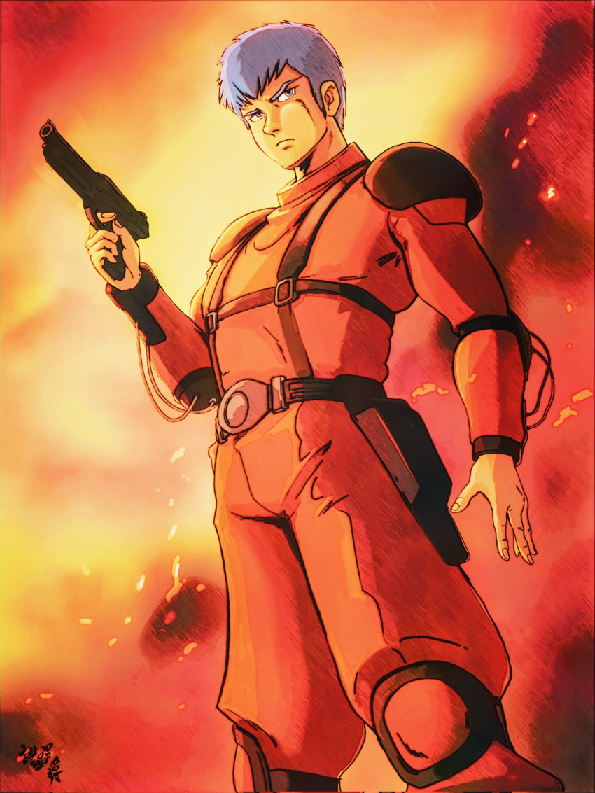 1boy arm_at_side armor belt blue_eyes blue_hair chirico_cuvie closed_mouth commentary_request embers feet_out_of_frame finger_on_trigger frown gun handgun highres holding holding_gun holding_weapon holster jumpsuit looking_to_the_side male_focus moroboshi_danshaku open_hand pauldrons pilot_suit red_jumpsuit short_hair shoulder_armor signature smoke solo soukou_kihei_votoms standing weapon
