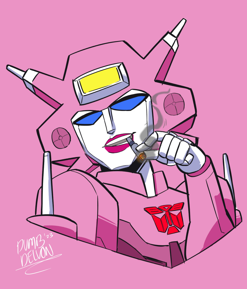 1girl absurdres autobot blue_eyes cigar cigarette colored_skin dumbdelvon elita_one helmet highres humanoid_robot looking_at_viewer mechanical_parts pink_background pink_lips robot smoking solo transformers upper_body white_skin