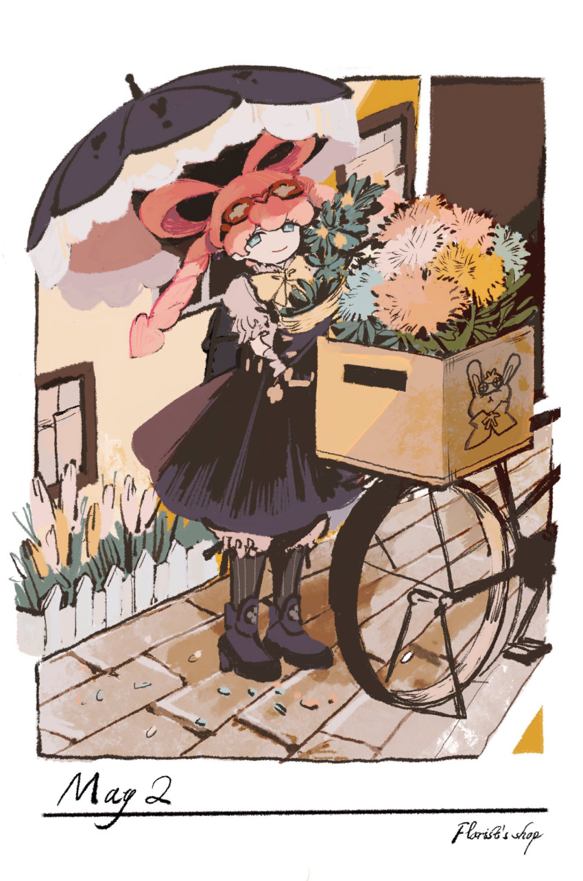1girl ace_attorney bicycle black_dress black_footwear black_umbrella blue_eyes boots bouquet bow bow-shaped_hair box brick_road closed_mouth dress drill_hair flower frilled_gloves frills full_body gloves goggles goggles_on_head hair_rings highres holding holding_bouquet holding_umbrella iris_wilson long_hair looking_at_viewer outdoors parasol pink_hair puffy_sleeves smile solo standing the_great_ace_attorney twintails umbrella usalock yellow_bow youriliquid