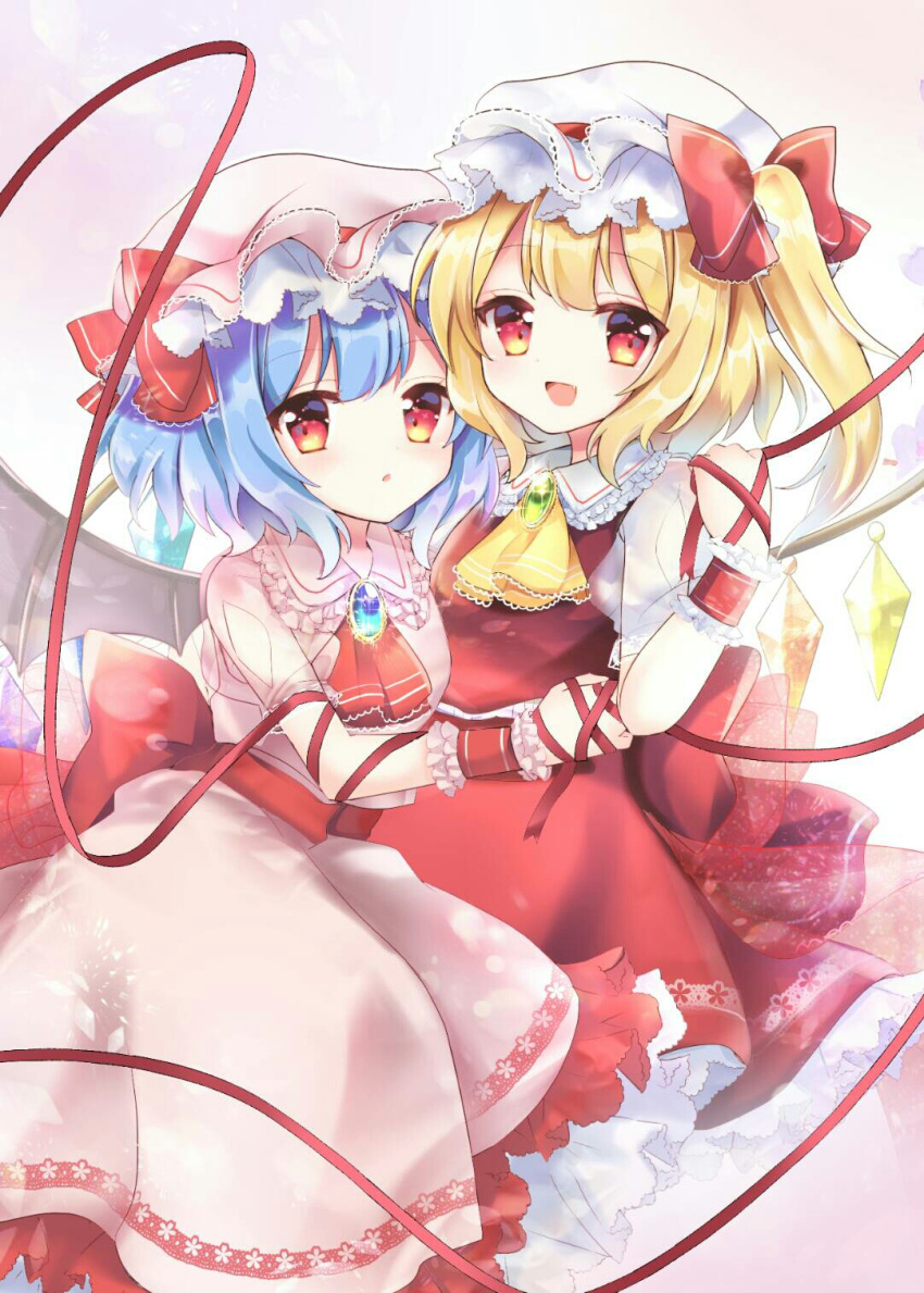 2girls arm_ribbon ascot back_bow bat_wings blonde_hair blue_brooch blue_hair bow breasts brooch collared_shirt cowboy_shot crystal flandre_scarlet frilled_shirt_collar frilled_skirt frills gradient_background green_brooch hat hat_ribbon highres jewelry large_bow looking_at_viewer medium_hair mob_cap multicolored_wings multiple_girls nagisa_shizuku one_side_up open_mouth pink_background pink_headwear pink_shirt pink_skirt red_ascot red_bow red_eyes red_ribbon red_skirt red_vest remilia_scarlet ribbon shirt siblings simple_background sisters skirt small_breasts touhou vest white_background white_headwear white_shirt wings yellow_ascot
