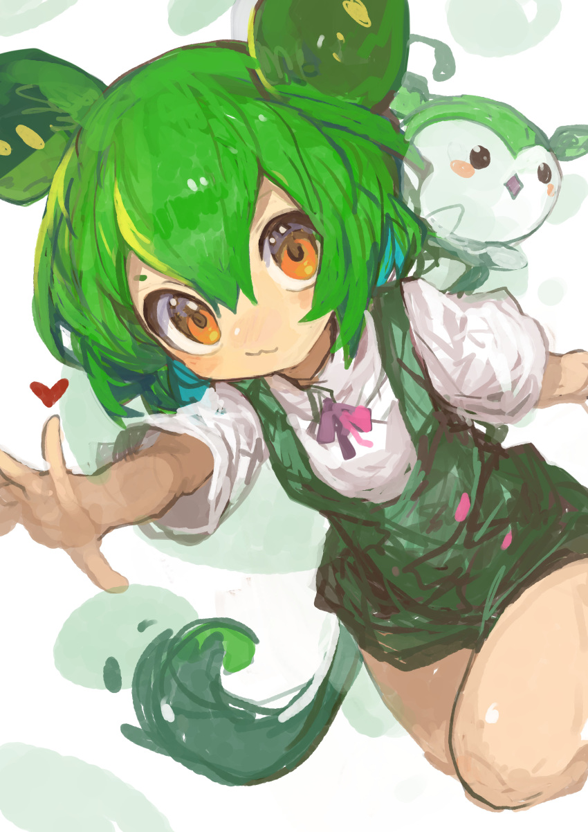 1girl :3 absurdres closed_mouth commentary_request creature creature_and_personification green_hair hair_between_eyes heart highres kaamin_(mariarose753) long_hair looking_at_viewer low_ponytail neck_ribbon orange_eyes outstretched_arm ponytail ribbon shirt short_sleeves shorts solo suspender_shorts suspenders voiceroid voicevox white_shirt zundamon