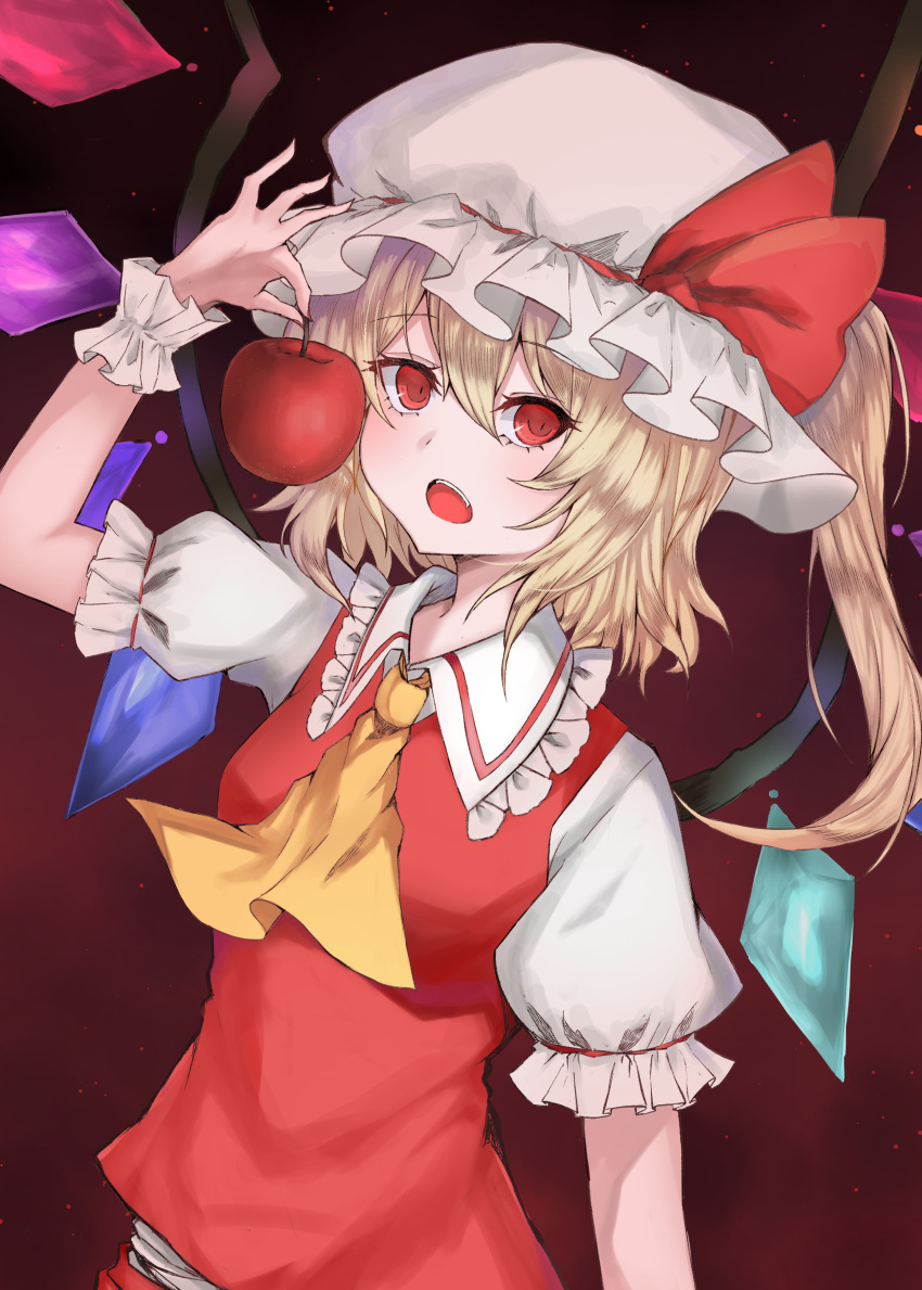 1girl absurdres apple ascot blonde_hair breasts collared_shirt crystal dark_background flandre_scarlet food frilled_shirt_collar frills fruit hat hat_ribbon head_tilt highres holding holding_food holding_fruit kuro_wa_shinoru looking_at_viewer medium_hair mob_cap multicolored_wings one_side_up open_mouth puffy_short_sleeves puffy_sleeves red_apple red_background red_eyes red_ribbon red_skirt red_vest ribbon shirt short_sleeves simple_background skirt small_breasts solo teeth touhou upper_teeth_only vest white_headwear white_shirt wings wrist_cuffs yellow_ascot