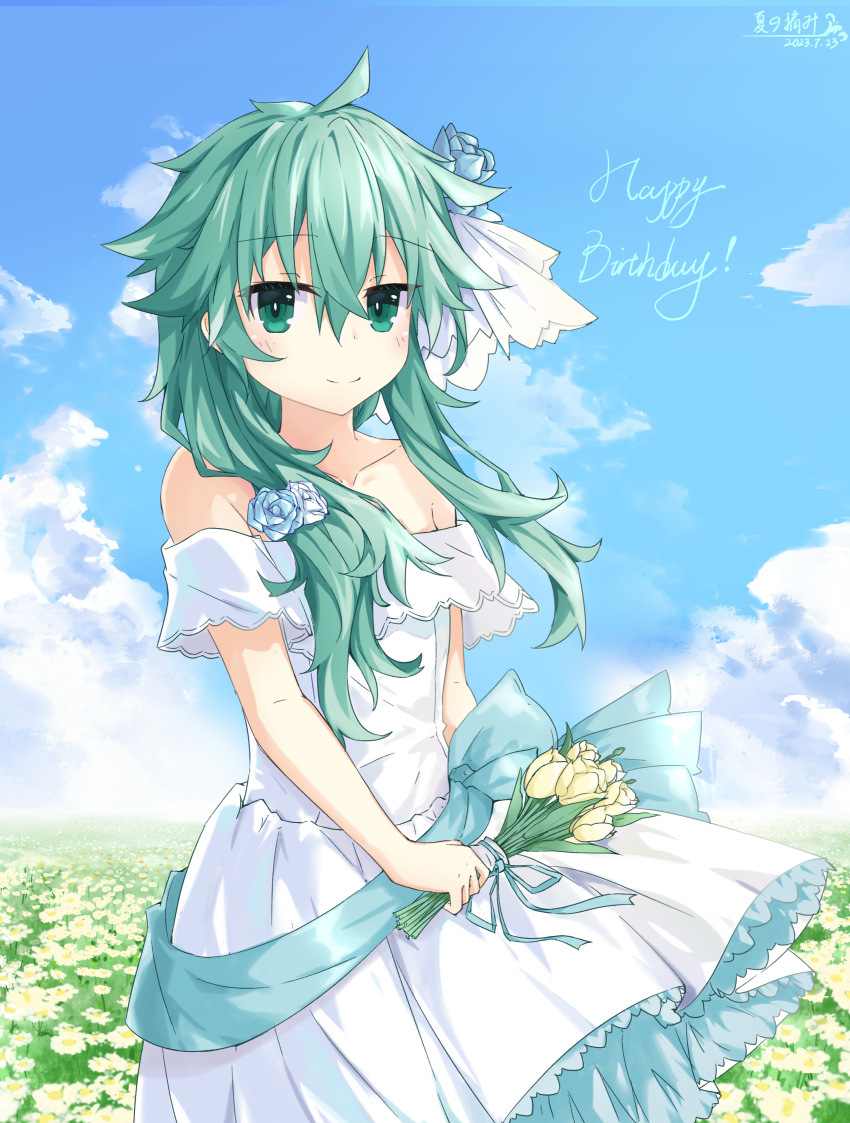 1girl absurdres blue_sky clouds date_a_live dress field flower flower_field green_eyes green_hair hair_flower hair_ornament happy_birthday highres holding looking_at_viewer natsumi_(date_a_live) off-shoulder_dress off_shoulder seventh-natsu sky smile solo tulip white_dress yellow_flower yellow_tulip