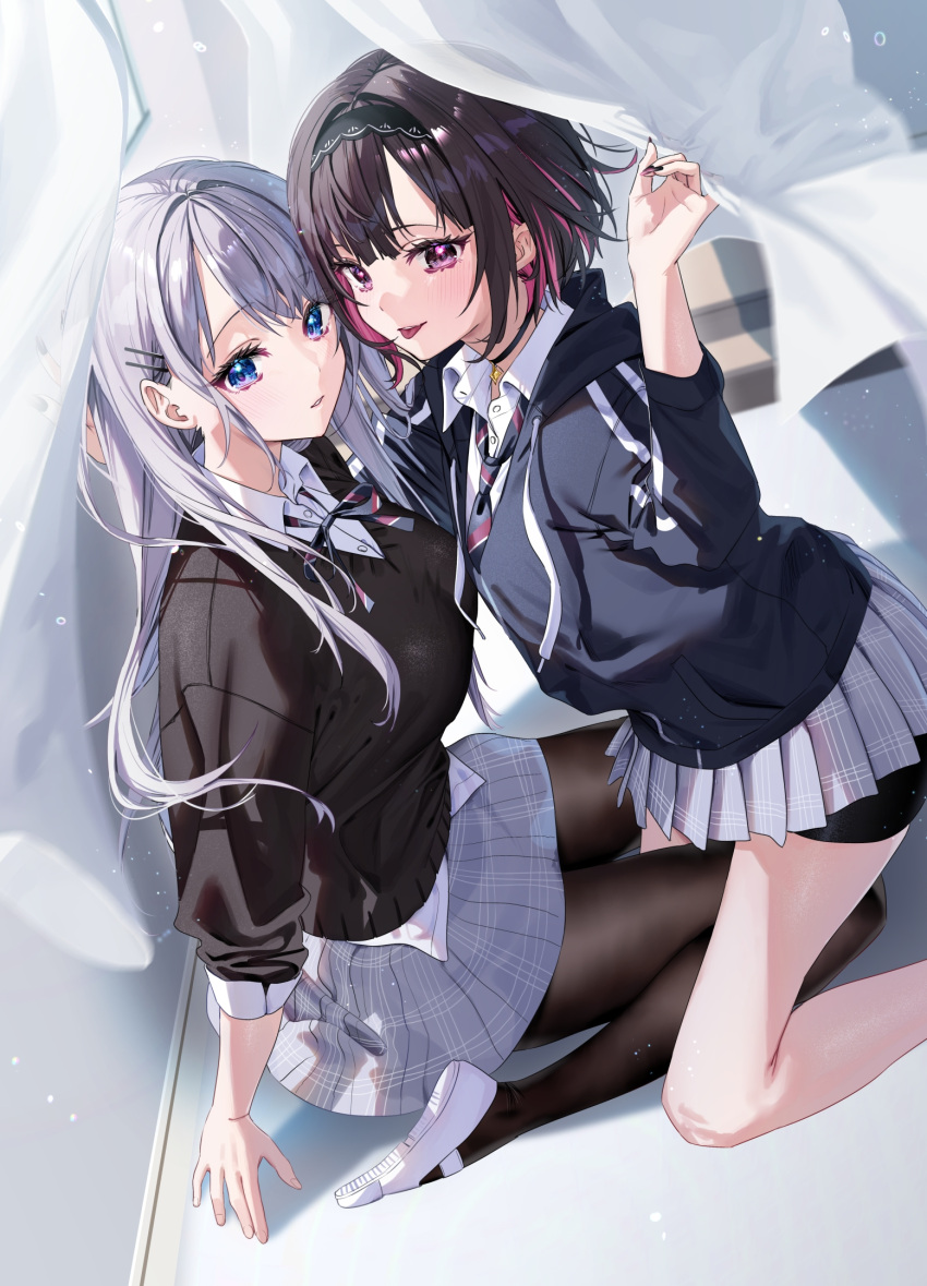 2girls black_choker black_hairband black_nails black_pantyhose black_shorts black_sweater blue_bow blue_bowtie blue_eyes blue_jacket blue_necktie blush bow bowtie breasts brown_hair chigusa_minori choker collared_shirt colored_inner_hair commentary_request cover cover_page diagonal-striped_necktie dress_shirt eyelashes fingernails gradient_nails grey_hair grey_skirt hair_ornament hairband hairclip highres jacket kneeling large_breasts long_hair looking_at_viewer manga_cover miniskirt multicolored_hair multiple_girls nail_polish necktie official_art pantyhose parted_lips partial_commentary plaid plaid_skirt pleated_skirt purple_hair purple_nails saotome_shino_(chigusa_minori) shino_to_ren shirayuki_ren shirt short_hair shorts shorts_under_skirt sidelocks sitting skirt small_breasts smile striped striped_bow striped_bowtie sweater teeth textless_version tongue tongue_out two-tone_hair violet_eyes wariza white_footwear white_shirt yuri