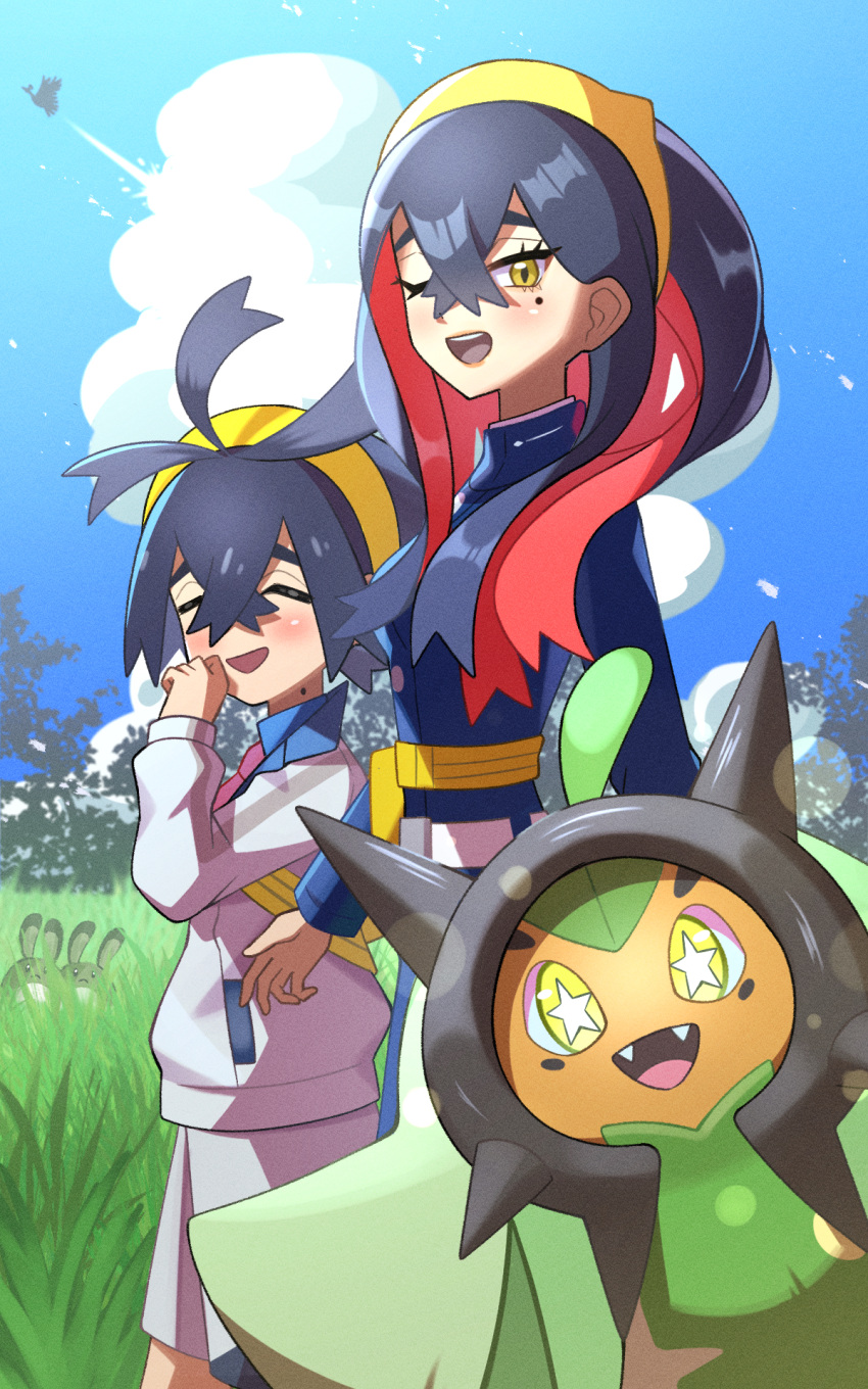 1boy 1girl ;d belt_buckle black_hair blue_shirt brother_and_sister buckle carmine_(pokemon) clouds commentary_request day eyelashes fanny_pack grass hairband hand_up highres inana_umi jacket kieran_(pokemon) long_hair long_sleeves mole mole_under_eye multicolored_hair necktie ogerpon one_eye_closed open_mouth outdoors pokemon pokemon_(creature) pokemon_(game) pokemon_sv sentret shirt shorts siblings silhouette sky smile standing star-shaped_pupils star_(symbol) symbol-shaped_pupils teeth tongue two-tone_hair upper_teeth_only white_bag yellow_bag yellow_eyes yellow_hairband