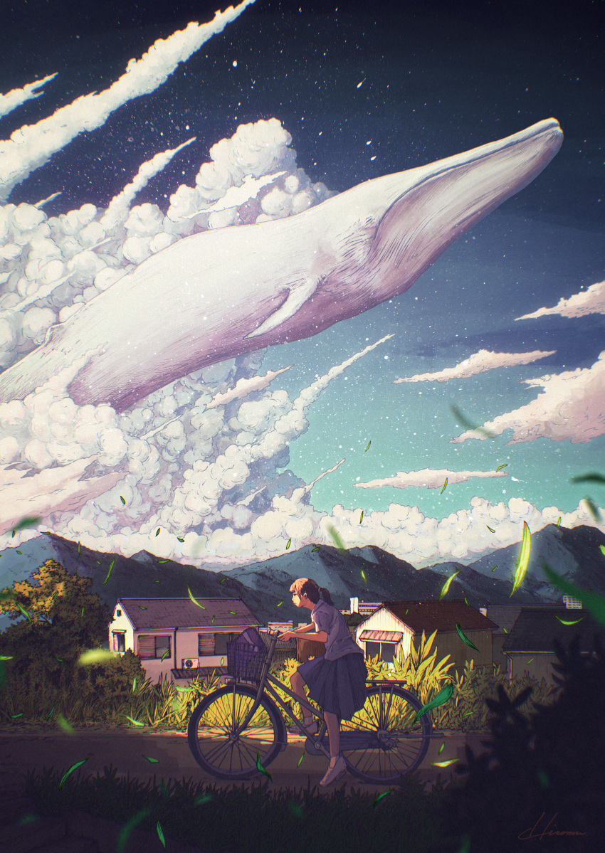 1girl absurdres bicycle blue_skirt blue_sky building clouds cloudy_sky collared_shirt cumulonimbus_cloud day floating highres hiromumaru leaf mountain original outdoors shirt shoes short_sleeves skirt sky solo surreal tree whale white_shirt wide_shot