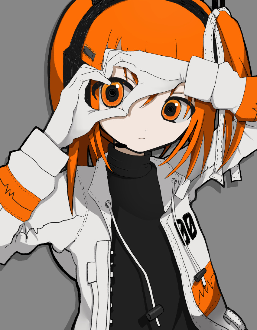 1girl a.i._voice absurdres adachi_rei android black_shirt closed_mouth commentary_request expressionless gloves grey_background hands_up headset heart heart_hands heart_hands_over_eye highres hood hood_down hooded_jacket jacket lens_eye long_hair long_sleeves looking_at_viewer one_side_up open_clothes open_jacket orange_eyes orange_hair ribbon shirt simple_background solo text_in_eyes turtleneck upper_body utau white_gloves white_jacket white_ribbon yuuz_(yuzu_illust07)