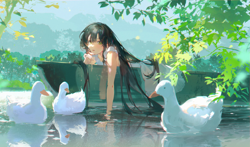 1girl bird black_hair boat commentary_request dress duck green_eyes highres kaeki lake long_hair looking_at_viewer open_mouth original outdoors reflection reflective_water sleeveless sleeveless_dress smile solo tree very_long_hair watercraft white_dress