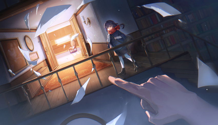1girl 1other :o absurdres black_hair black_skirt blue_sweater book bookshelf brown_eyes chair hair_ornament hairclip highres indoors medium_hair open_door open_mouth original painting_(object) pantyhose pointing pov pov_hands railing red_scarf rug scarf skirt stairs sweater watanabe_kawa white_pantyhose