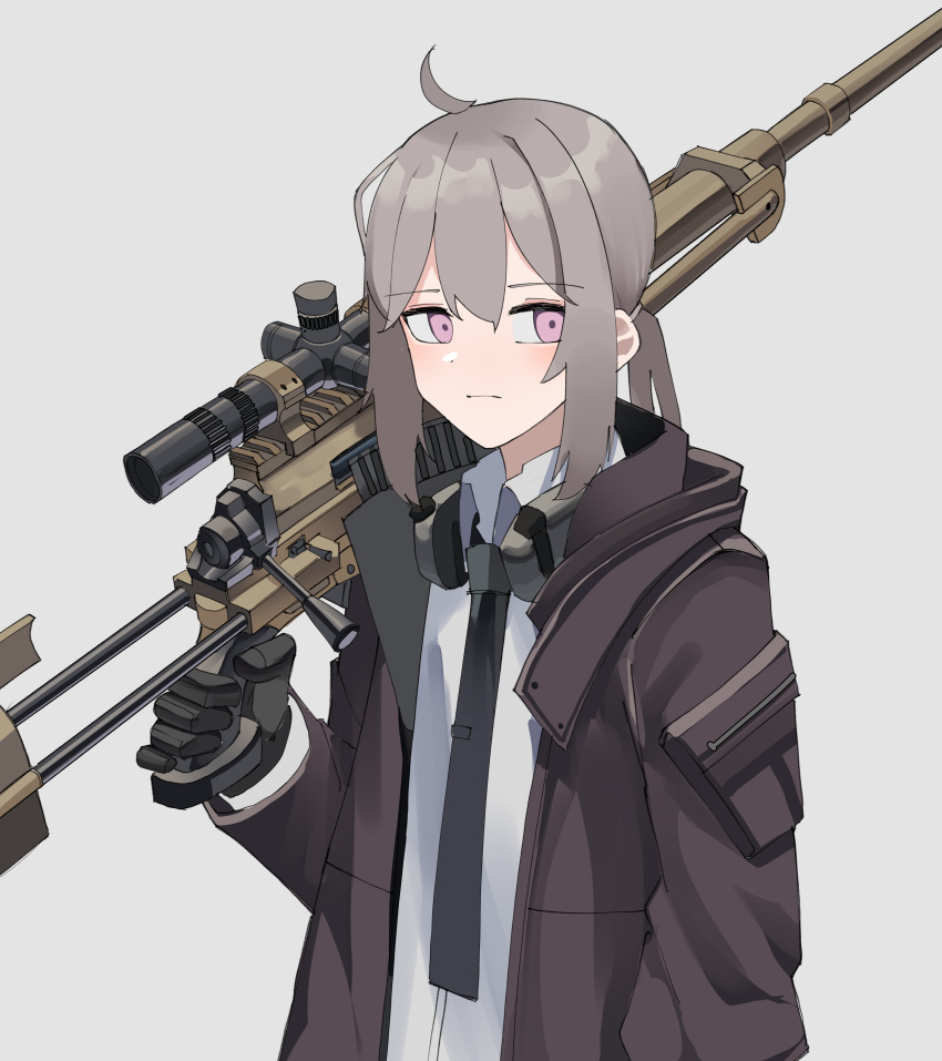 1girl absurdres ahoge black_gloves black_jacket black_necktie bolt_action brown_jacket cheytac_m200 closed_mouth collared_shirt commentary dress_shirt ear_protection expressionless gar32 girls_frontline gloves grey_background grey_hair gun hair_between_eyes highres holding holding_gun holding_weapon jacket long_hair looking_at_viewer m200_(girls'_frontline) name_connection necktie object_namesake open_clothes open_jacket pink_eyes ponytail rifle scope shirt simple_background sniper_rifle solo upper_body weapon white_shirt