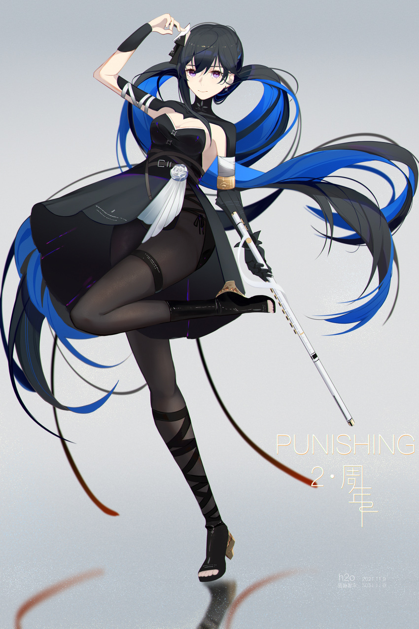 1girl absurdres black_dress black_hair black_pantyhose blue_hair closed_mouth colored_inner_hair comic_lo dress grey_background hair_ornament high_heels highres holding_flute jijing_zishui long_hair mechanical_arms mechanical_parts multicolored_hair pantyhose ponytail punishing:_gray_raven selena:_capriccio_(punishing:_gray_raven) selena_(punishing:_gray_raven) single_mechanical_arm solo very_long_hair violet_eyes