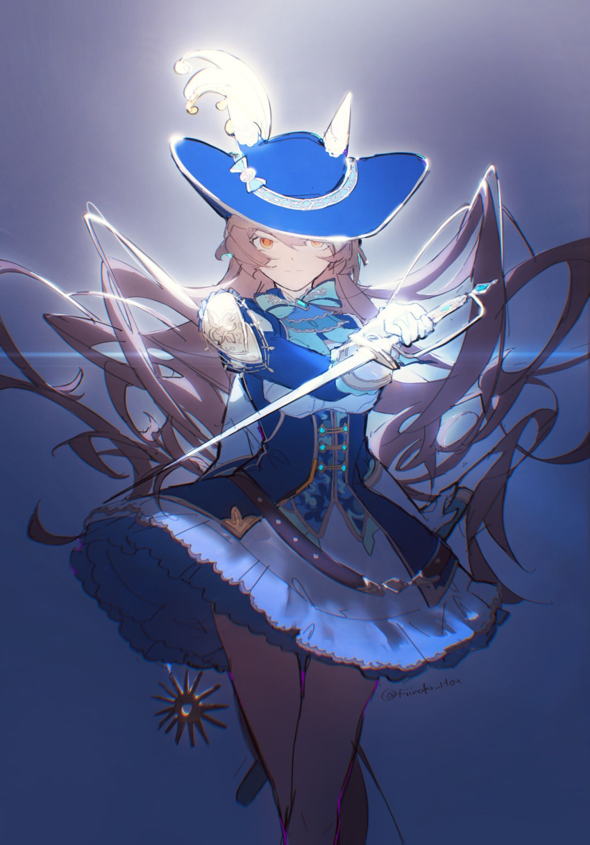 1girl animal_ears ascot blue_ascot blue_background blue_headwear blue_jacket bow bowtie brown_hair closed_mouth crossed_legs gloves hat highres holding holding_sword holding_weapon horse_ears horse_girl horse_tail jacket long_hair long_sleeves looking_at_viewer satono_diamond_(chevalier_bleu)_(umamusume) satono_diamond_(umamusume) sheath skirt solo standing sword tail twitter_username umamusume watson_cross weapon white_gloves yellow_eyes yi_yu