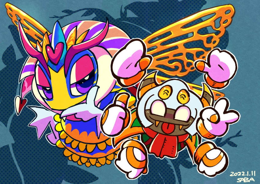 1boy 1girl antennae blue_background commentary_request dated disembodied_limb extra_arms eyeshadow fangs gloves hand_on_own_chin heart horns insect_wings kirby:_triple_deluxe kirby_(series) makeup queen_sectonia saba_hokke signature taranza tongue tongue_out v violet_eyes white_gloves wings