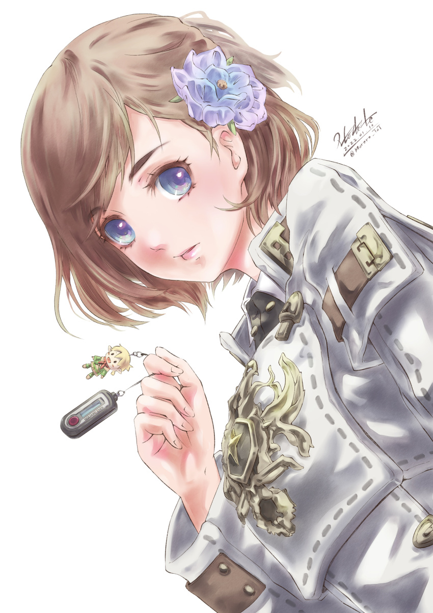 1girl 2022 adventurer_(ff11) artist_name blue_eyes blue_flower brown_hair charm_(object) commentary_request dated final_fantasy final_fantasy_xi flower hair_flower hair_ornament hand_up highres hume long_sleeves morere multicolored_eyes multicolored_flower open_mouth pink_lips purple_flower security_token short_hair signature simple_background solo swept_bangs tarutaru twitter_username violet_eyes white_background