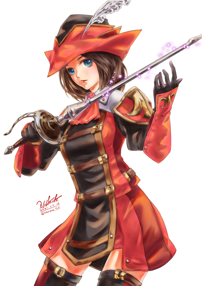 1girl 2021 adventurer_(ff11) artist_name ascot black_gloves black_headwear black_thighhighs blue_eyes brown_hair commentary_request dated feathers final_fantasy final_fantasy_xi gloves hat hat_feather highres holding holding_sword holding_weapon hume legs_apart lips long_sleeves morere open_mouth rapier red_ascot red_headwear red_lips red_mage red_thighhighs short_hair signature solo standing sword thigh-highs tricorne twitter_username two-tone_headwear two-tone_legwear two-tone_thighhighs weapon white_feathers zettai_ryouiki