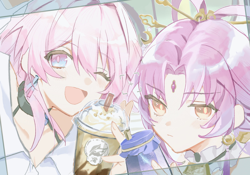 2girls artist_request black_choker blue_eyes choker close-up commentary_request drink earrings fu_xuan_(honkai:_star_rail) highres holding holding_drink honkai:_star_rail honkai_(series) jewelry looking_at_viewer march_7th_(honkai:_star_rail) medium_hair multiple_girls one_eye_closed open_mouth partial_commentary pink_eyes pink_hair selfie shirt single_earring smile two-tone_eyes white_shirt