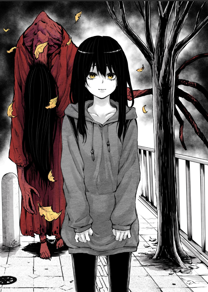 1girl autumn_leaves black_hair closed_mouth collarbone commentary hair_between_eyes highres hood hood_down hoodie izumi_(toubun_kata) leaf long_hair looking_at_viewer mieruko-chan monochrome monster official_art outdoors pants pavement solo spot_color symbol-only_commentary tree yellow_eyes yotsuya_miko