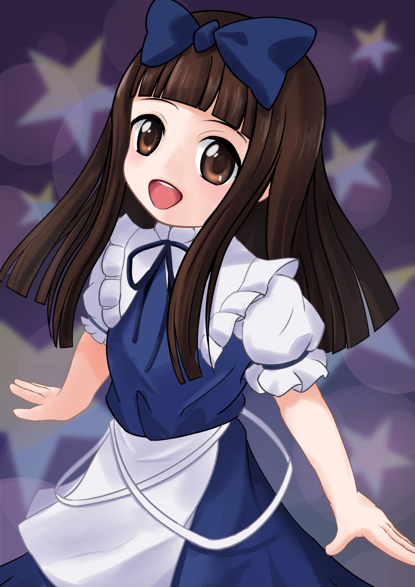 1girl :d absurdres apron arms_up blue_bow blue_dress blue_ribbon blunt_bangs bow brown_eyes brown_hair commentary_request cowboy_shot dress frilled_shirt_collar frills hair_bow happy highres kspica_i long_hair looking_at_viewer no_wings open_mouth puffy_short_sleeves puffy_sleeves purple_background ribbon short_sleeves sidelocks simple_background smile solo star_(symbol) star_sapphire starry_background teeth touhou upper_teeth_only waist_apron